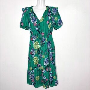 LOFT Dress Womens XXSP Green Floral Ruffle Tiered Midi Drawstring Waist Boho